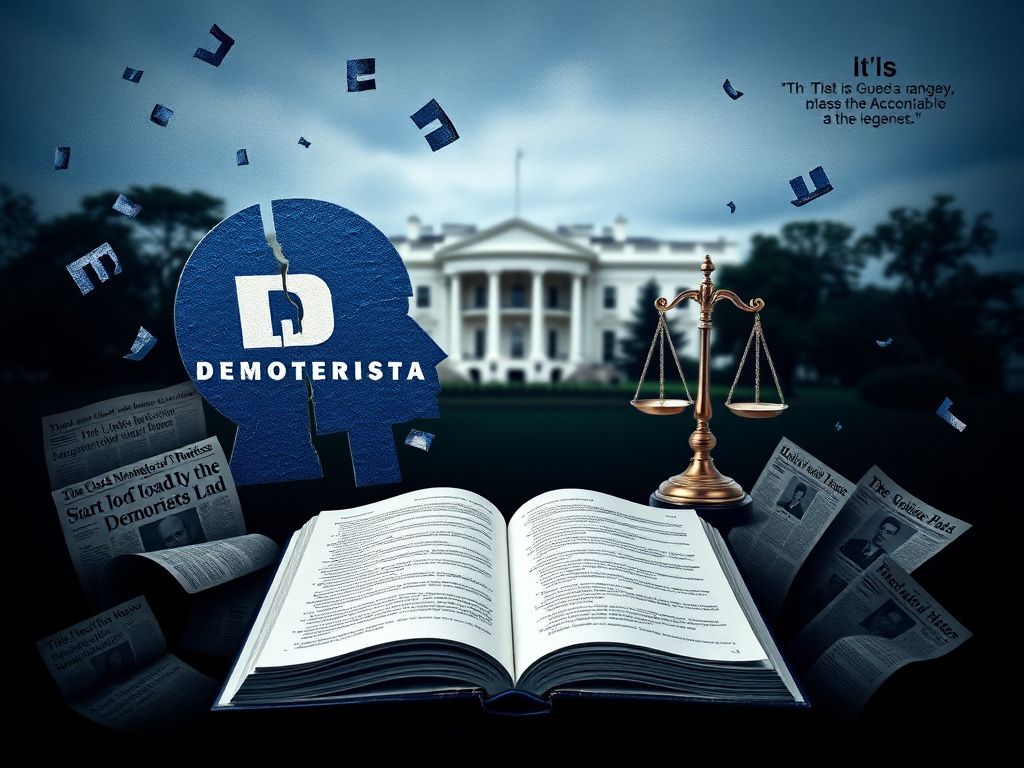 Flick International A collage illustrating the complexities of the Democratic Party with a cracked logo, gavel, scales of justice, and an open book.