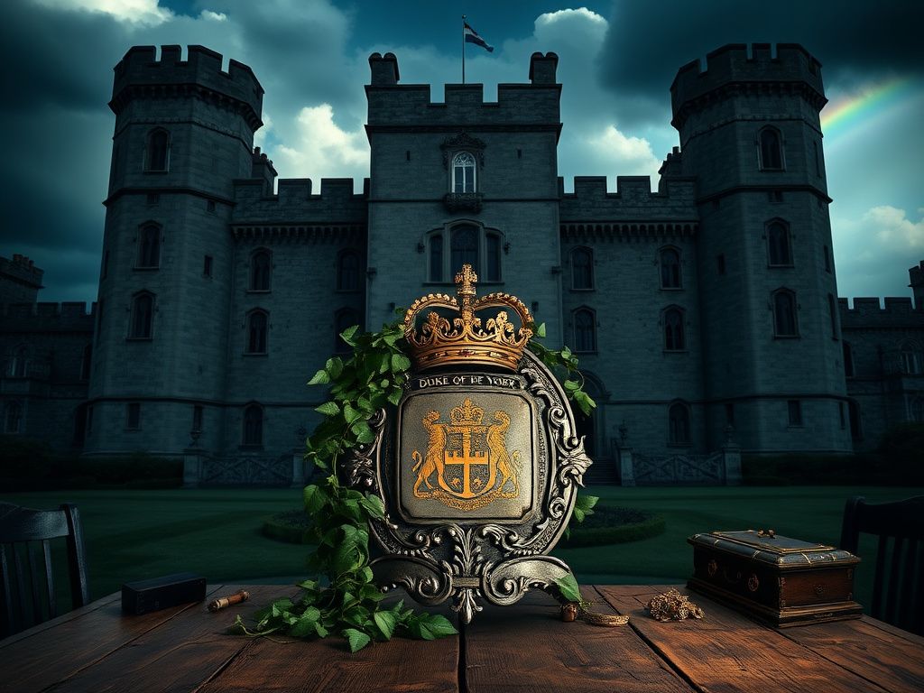 Flick International Ornate royal crest of the Duke of York surrounded by ivy and historical artifacts