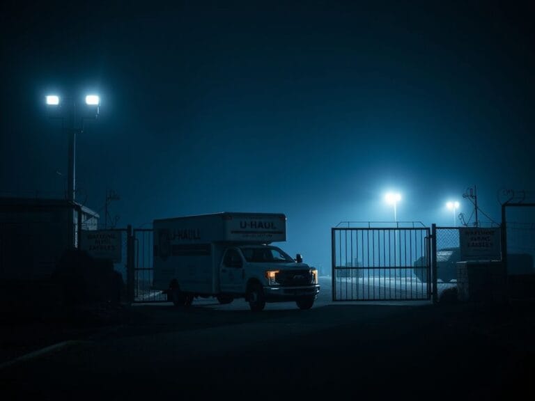 Flick International U-Haul truck at Coast Guard Base Alameda under security lights