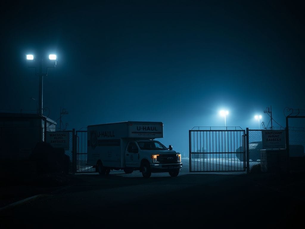 Flick International U-Haul truck at Coast Guard Base Alameda under security lights