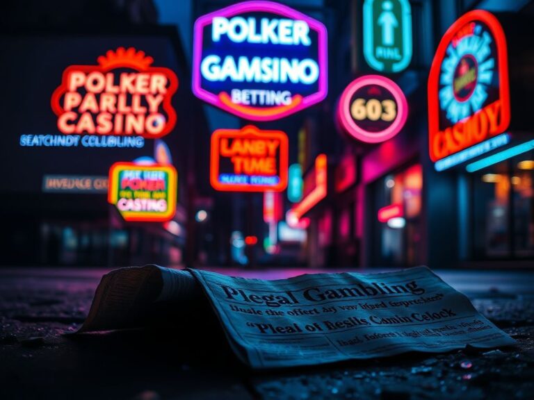 Flick International Dark street corner illuminated by neon signs advertising illegal gambling