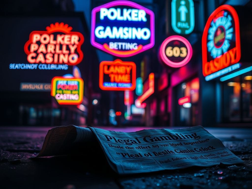 Flick International Dark street corner illuminated by neon signs advertising illegal gambling