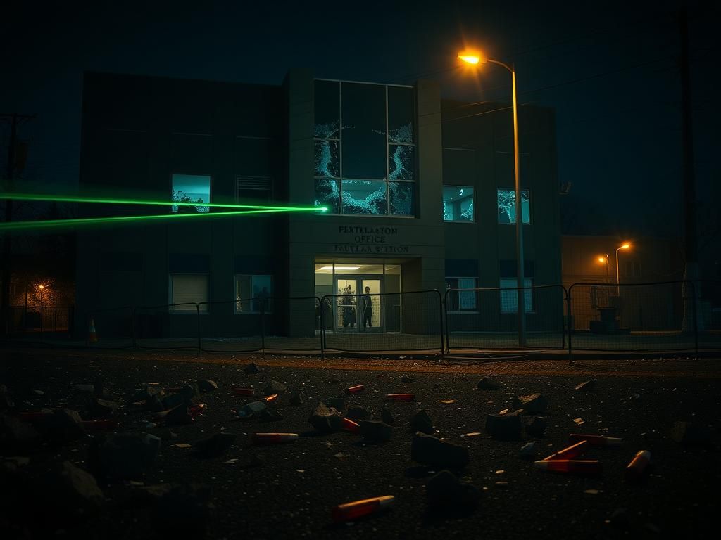 Flick International Exterior of a federal immigration office in Portland, Oregon, showing shattered windows and debris from protests