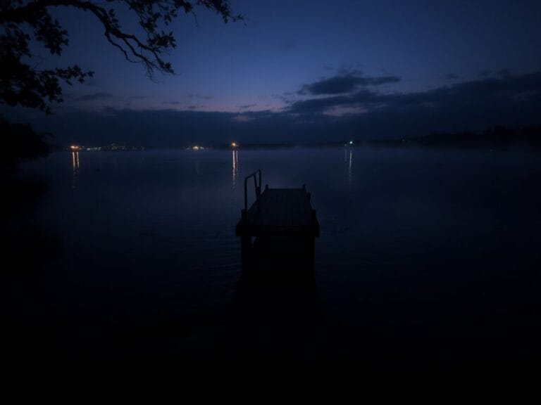 Flick International Twilight scene of Buffalo Bayou with city lights reflections and overhanging trees