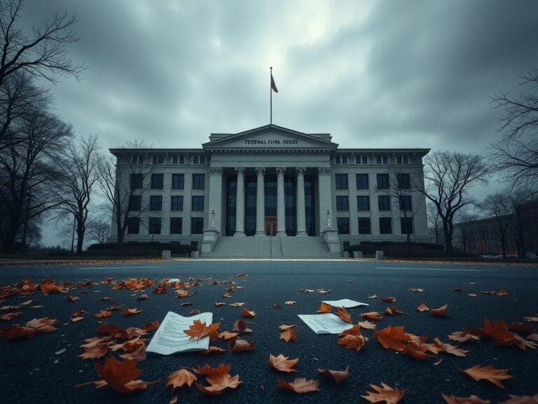 Flick International Dramatic view of the federal courthouse in Norfolk, Virginia, under a gray sky