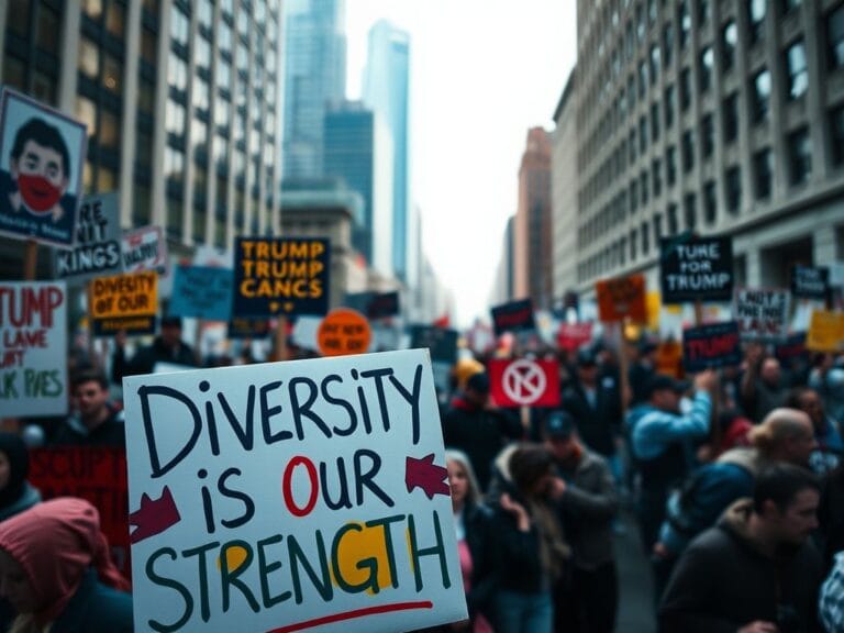 Flick International Colorful protest sign saying 'Diversity is Our Strength' with a blurred crowd in the background
