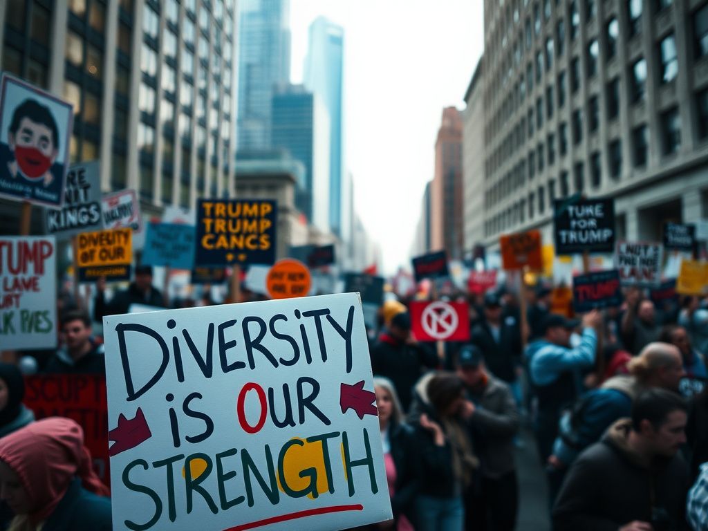 Flick International Colorful protest sign saying 'Diversity is Our Strength' with a blurred crowd in the background