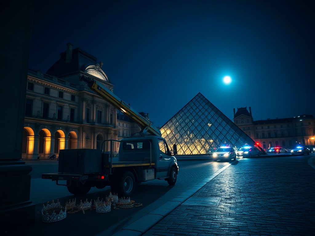 Flick International Nighttime scene of a cherry picker truck outside the Louvre Museum during a jewel heist