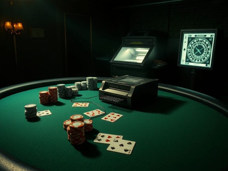 Flick International Dimly lit poker table in an underground casino with hidden technology for cheating