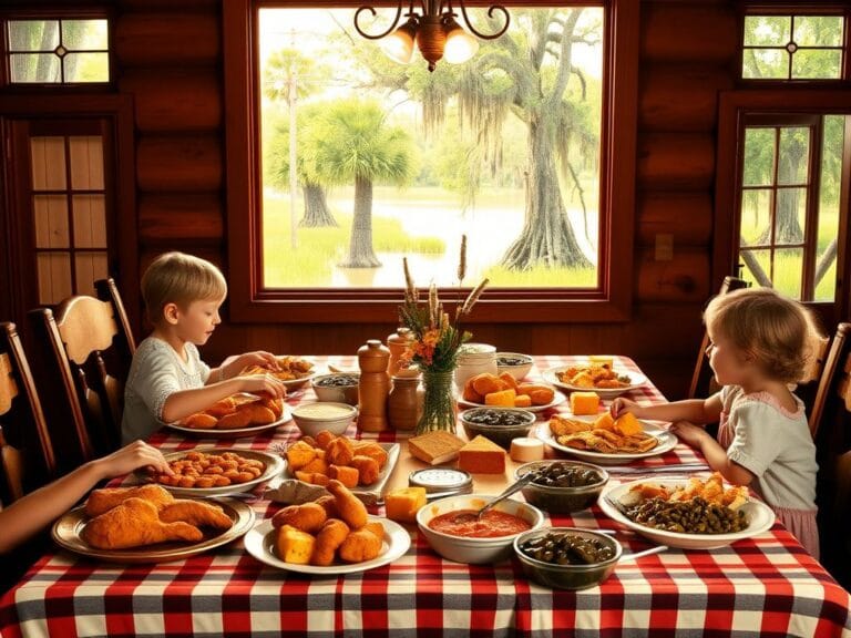 Flick International A warm family dining table in a rustic cabin showcasing traditional Southern dishes.
