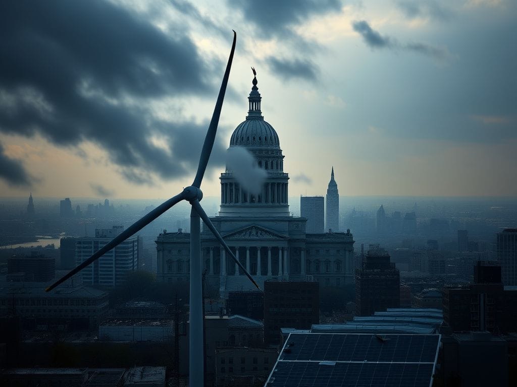 Flick International Shadowy image of the New York State Capitol building under dark clouds representing political turmoil