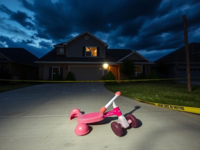 Flick International somber crime scene at twilight outside a suburban home with police presence