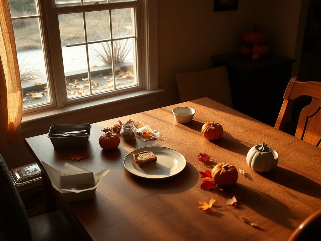 Flick International A warmly-lit Thanksgiving dining table set with seasonal decorations and an empty chair