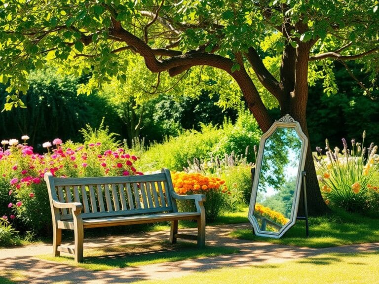 Flick International Serene garden scene with vibrant flowers and a rustic bench symbolizing natural beauty and aging gracefully