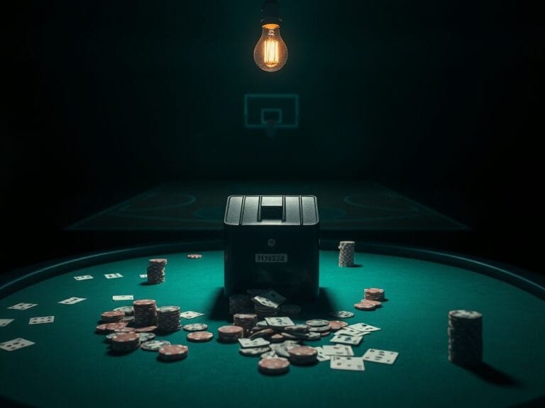 Flick International Dimly-lit poker table with scattered chips, cards, and a shuffling machine indicating an investigation