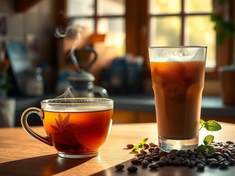 Flick International A serene kitchen scene featuring a steaming cup of hot herbal tea beside a frosted glass of iced coffee