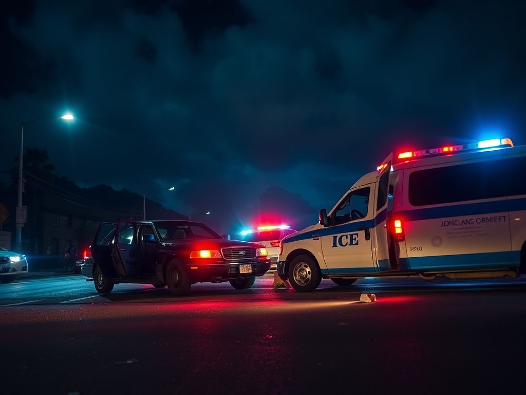 Flick International Dramatic urban scene in Los Angeles showcasing an abandoned vehicle and ICE agents' vehicle amid political tension.