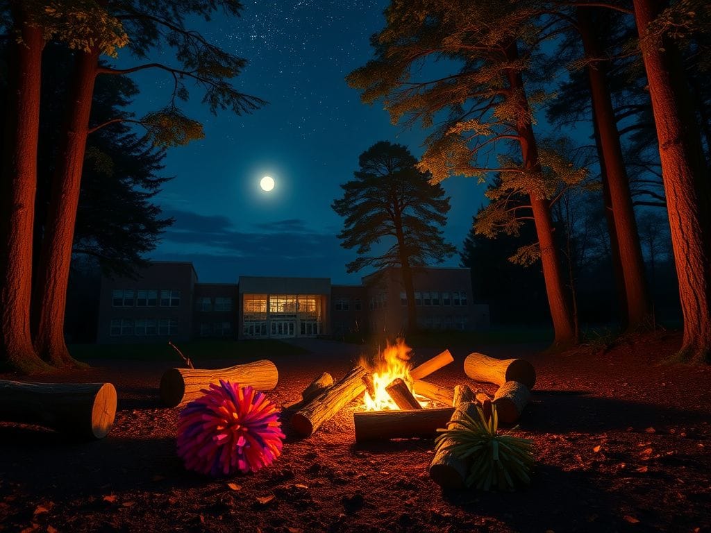 Flick International A serene bonfire site with vibrant cheerleader pom-pom symbolizing loss and community sorrow