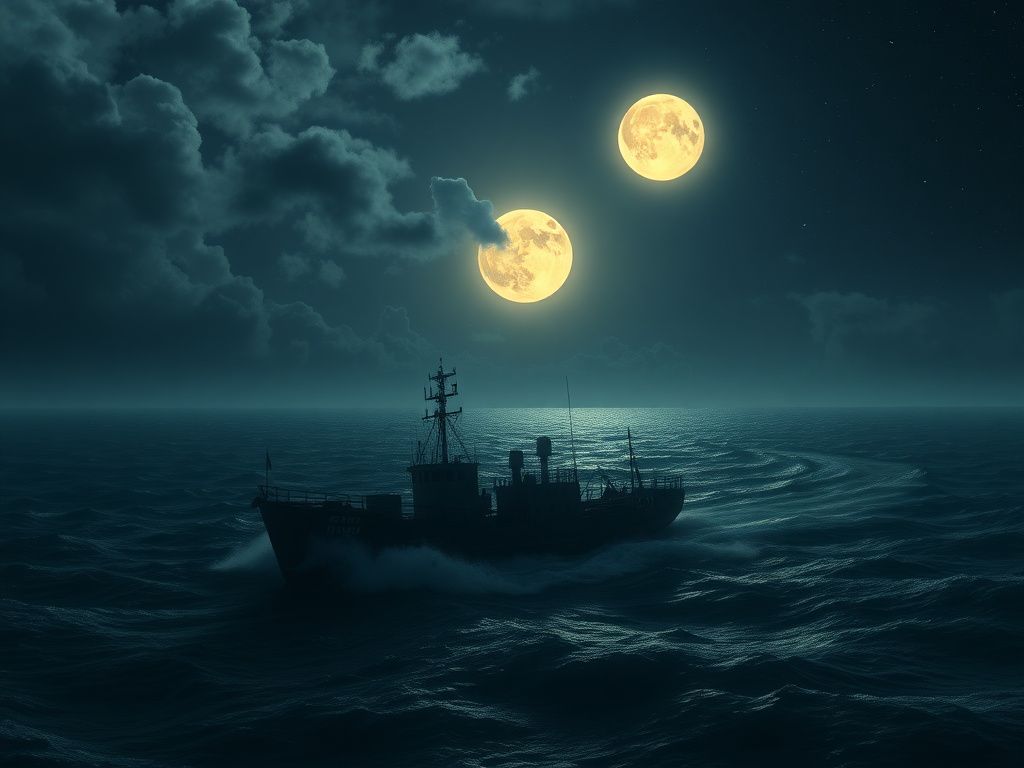 Flick International A dark-colored boat navigating rough waves in the Caribbean Sea under a full moon