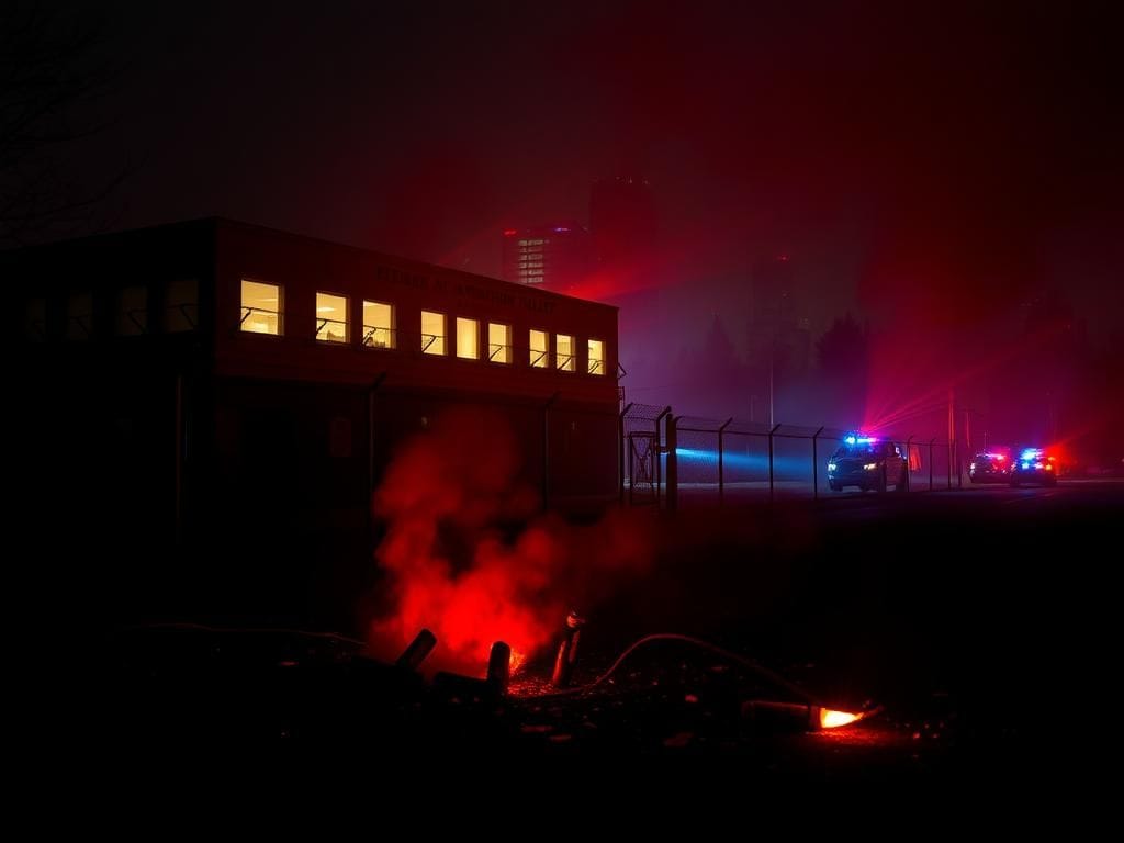 Flick International Nighttime scene of a federal immigration facility in Portland with security features and evidence of protest violence