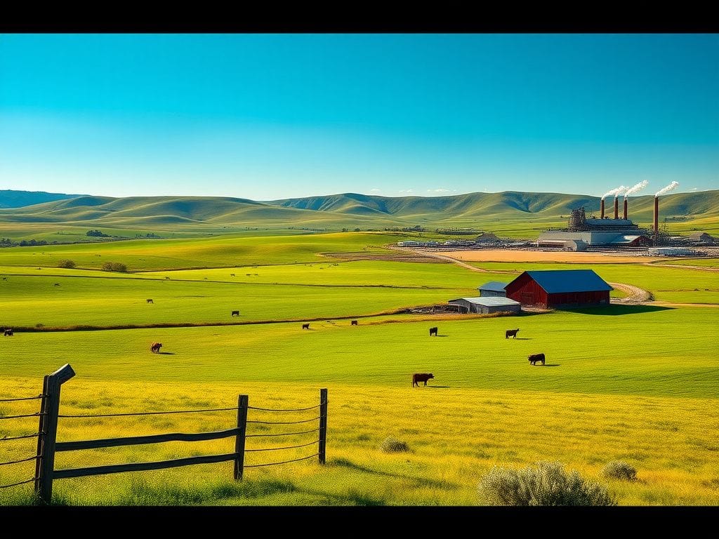 Flick International A sunlit cattle ranch landscape with grazing cattle and rolling hills contrasting a distant meatpacking plant