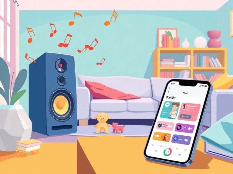 Flick International Cozy living room scene featuring a stylish speaker system and a smartphone displaying the Spotify interface