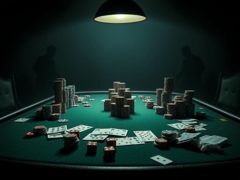 Flick International Dramatic scene of an empty poker table showcasing a high-stakes gambling environment with scattered cards and poker chips.