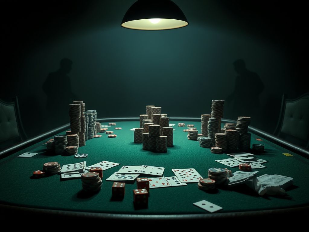 Flick International Dramatic scene of an empty poker table showcasing a high-stakes gambling environment with scattered cards and poker chips.