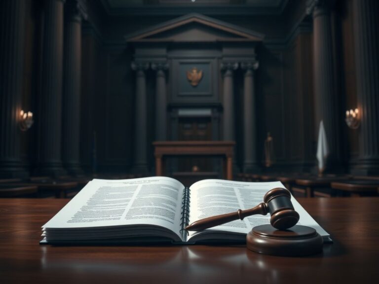 Flick International Somber courtroom scene with empty federal courthouse and open legal document