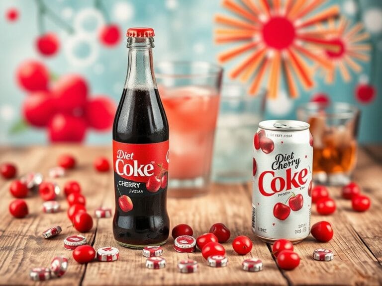 Flick International A vibrant flat lay of a Diet Cherry Coke bottle and can on a rustic wooden surface