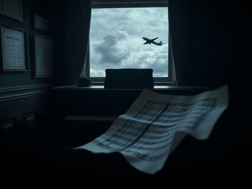 Flick International A dimly lit room with an untouched piano, symbolizing abandonment and evasion.