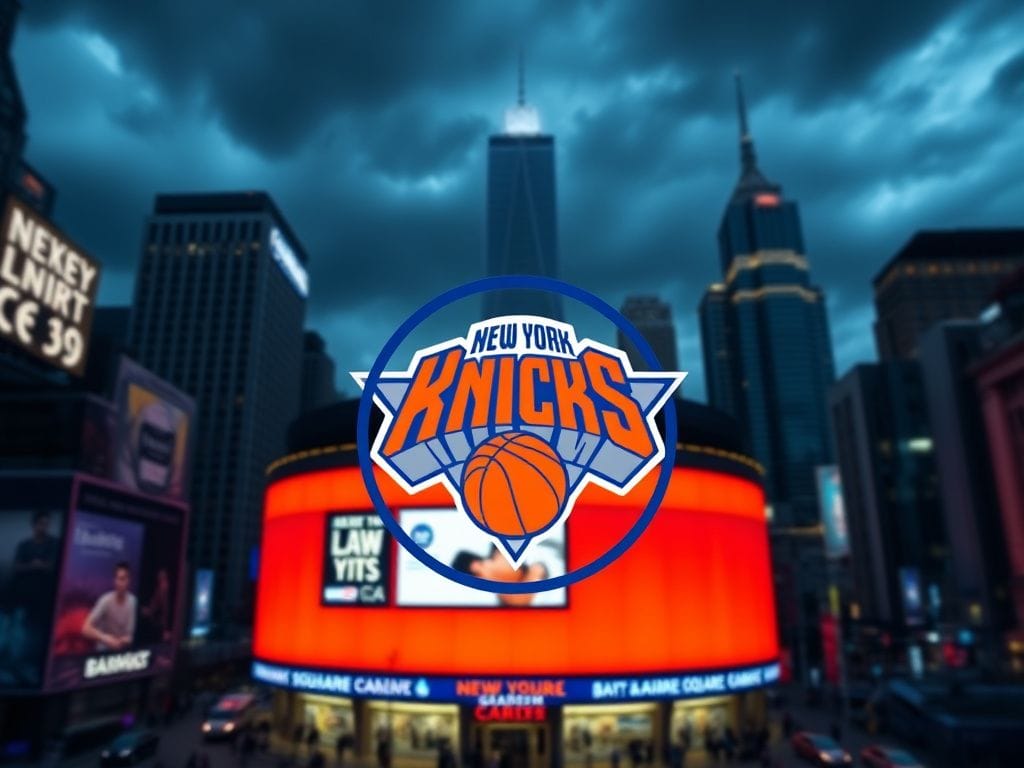 Flick International Night view of Madison Square Garden with Knicks logo and stormy sky