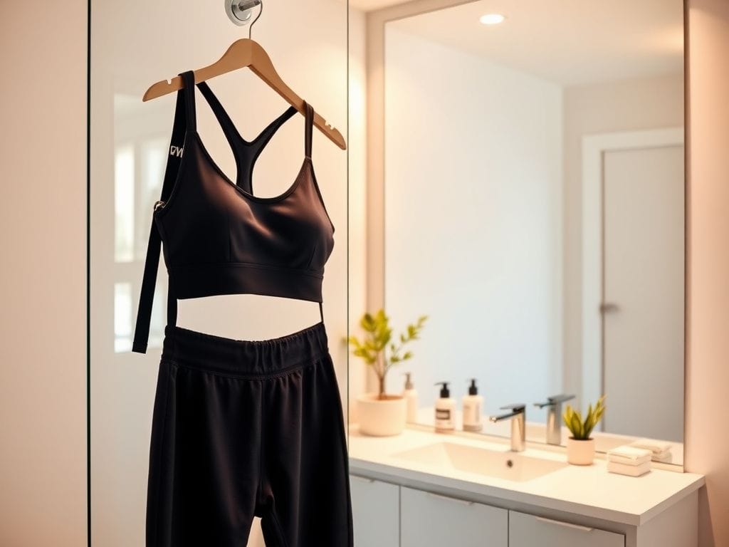 Flick International Amy Schumer showcasing toned abs in a bright bathroom mirror selfie