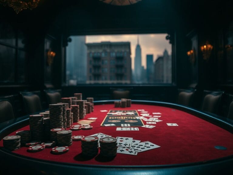 Flick International Dimly-lit underground casino with lavish poker table and high-denomination chips