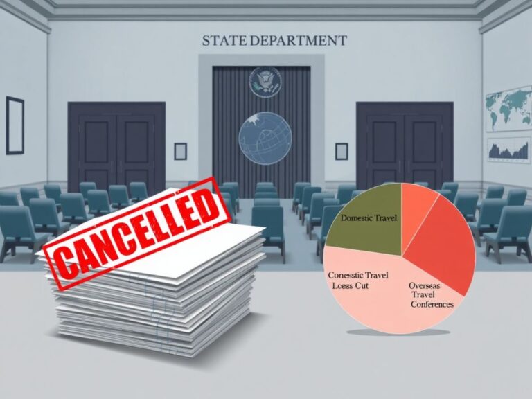 Flick International Abstract representation of a State Department building with a large empty conference room symbolizing reduced travel spending