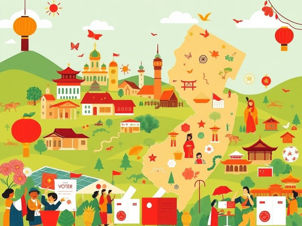 Flick International Illustration of New Jersey showcasing diverse Asian American communities and cultural landmarks