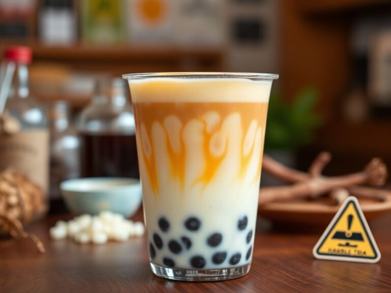 Flick International Close-up of a vibrant bubble tea drink with colorful layers and glossy tapioca pearls on a wooden table