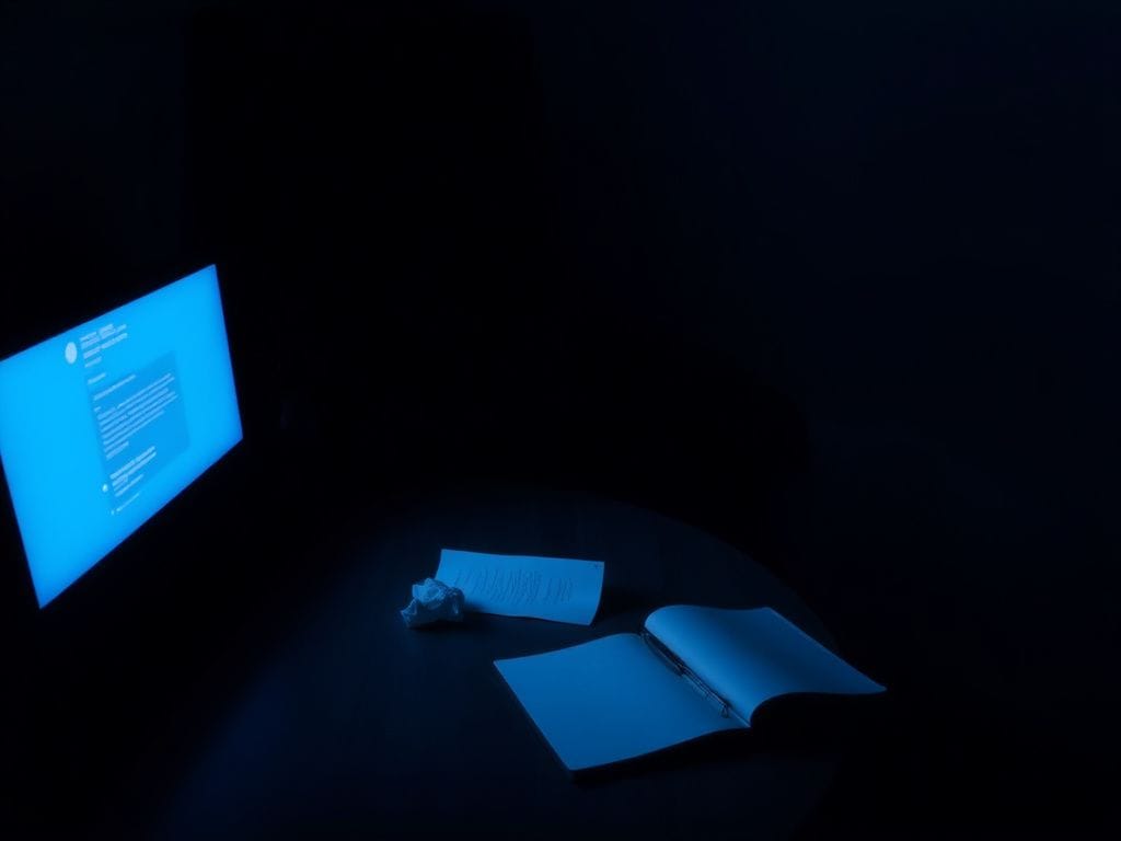 Flick International A dark room with a computer screen displaying a chatbot interface, symbolizing mental health struggles