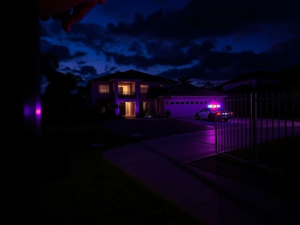 Flick International Twilight scene of a suburban neighborhood in Boca Raton, with a modern porch and doorbell symbolizing the prank incident.