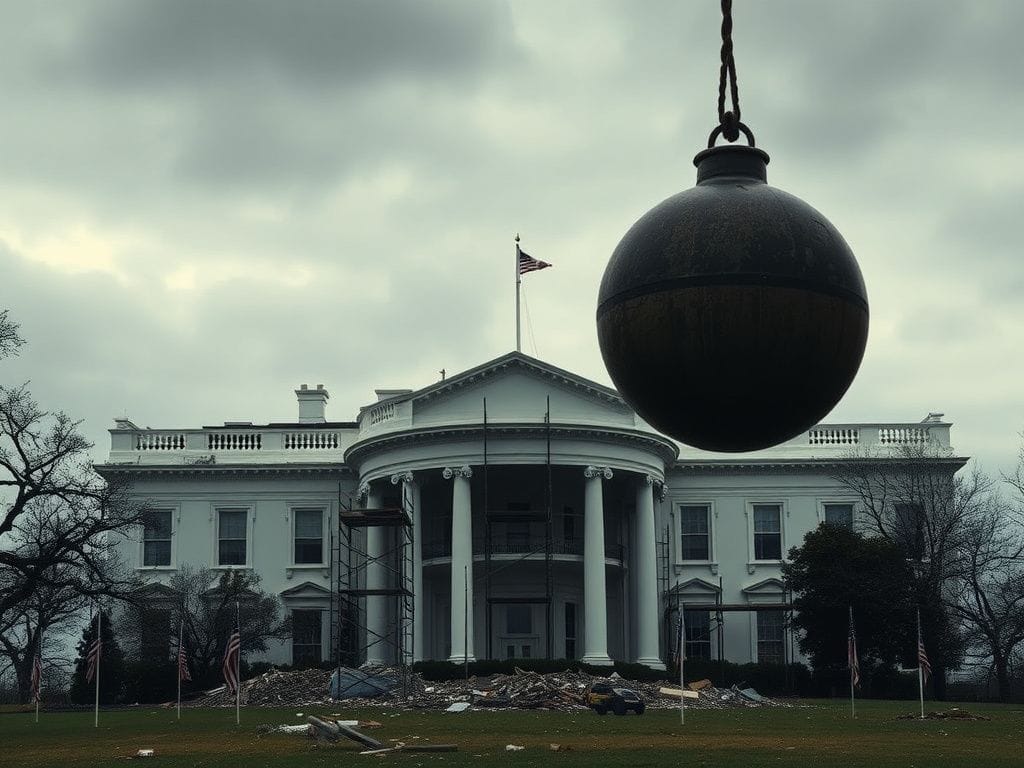 Flick International Exterior view of the White House under construction with scaffolding and a wrecking ball