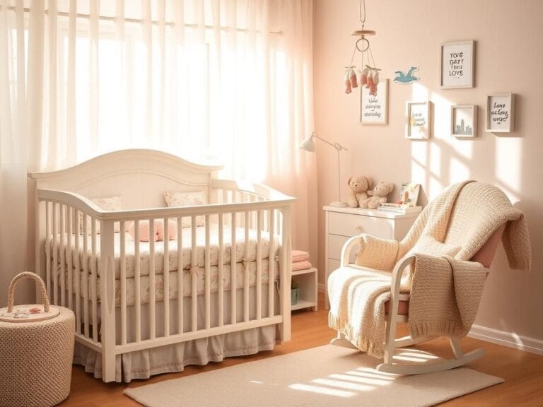 Flick International A serene nursery scene featuring a crib with floral-patterned bedding and a cozy rocking chair