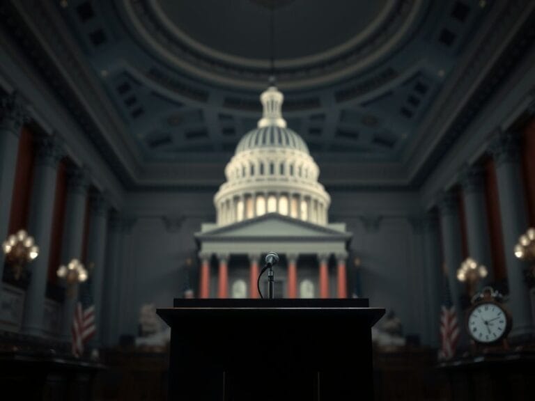 Flick International Dramatic scene inside the U.S. Capitol with an empty podium symbolizing political tension