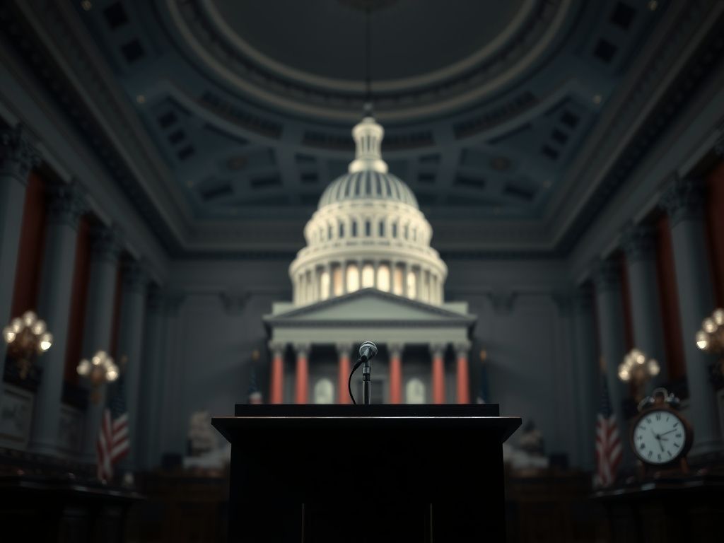 Flick International Dramatic scene inside the U.S. Capitol with an empty podium symbolizing political tension