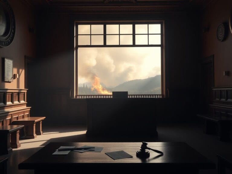 Flick International Dramatic courtroom interior with judge's bench and scattered papers reflecting legal proceedings