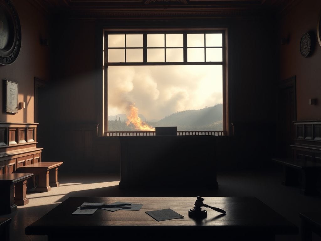 Flick International Dramatic courtroom interior with judge's bench and scattered papers reflecting legal proceedings