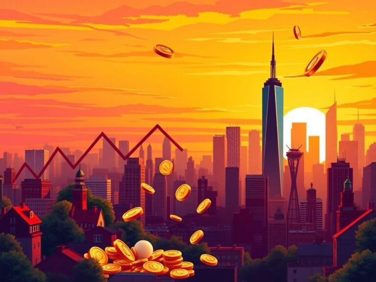 Flick International Vibrant illustration of New York City skyline at sunset with economic symbols