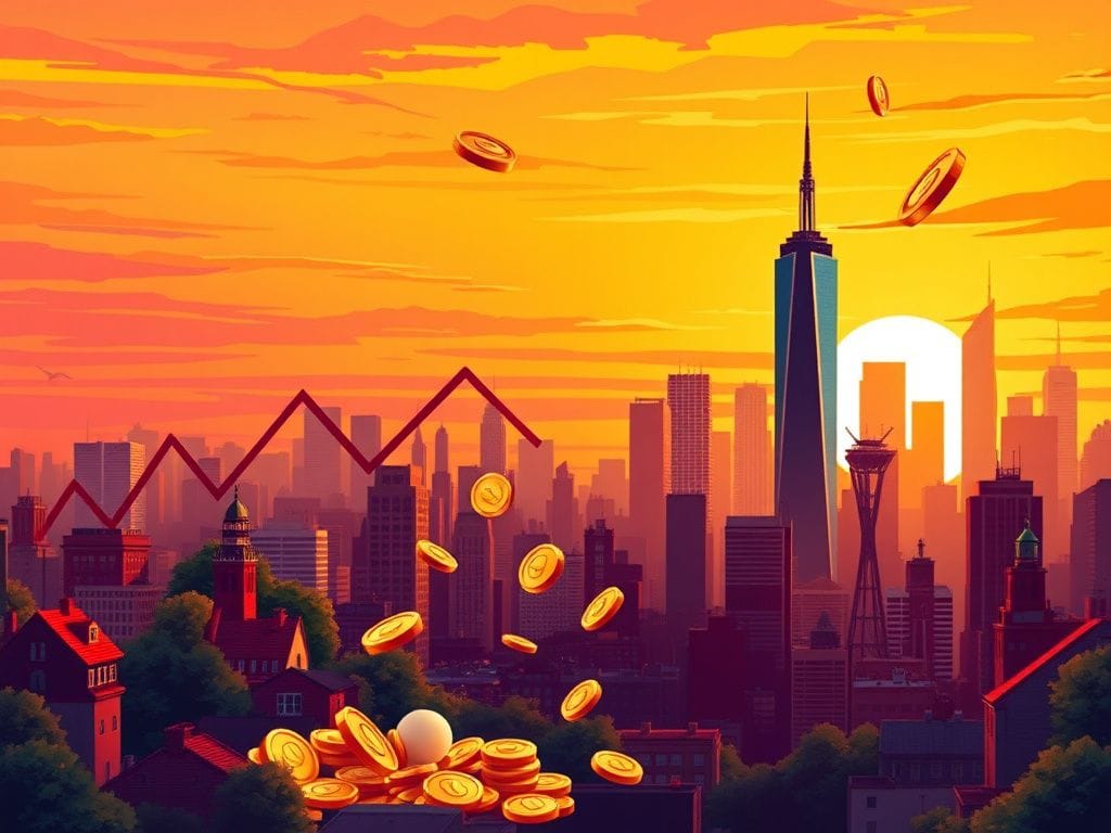 Flick International Vibrant illustration of New York City skyline at sunset with economic symbols
