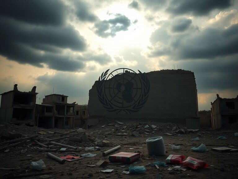 Flick International A desolate landscape of Gaza with destroyed buildings and UNRWA logo on a crumbling wall