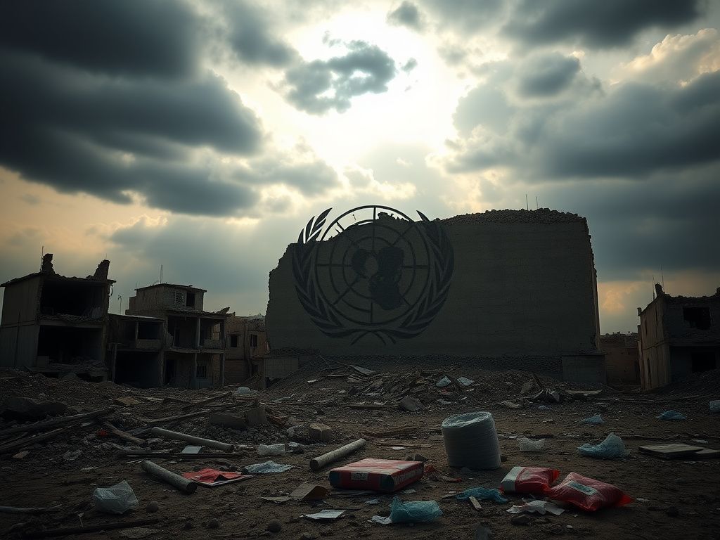 Flick International A desolate landscape of Gaza with destroyed buildings and UNRWA logo on a crumbling wall