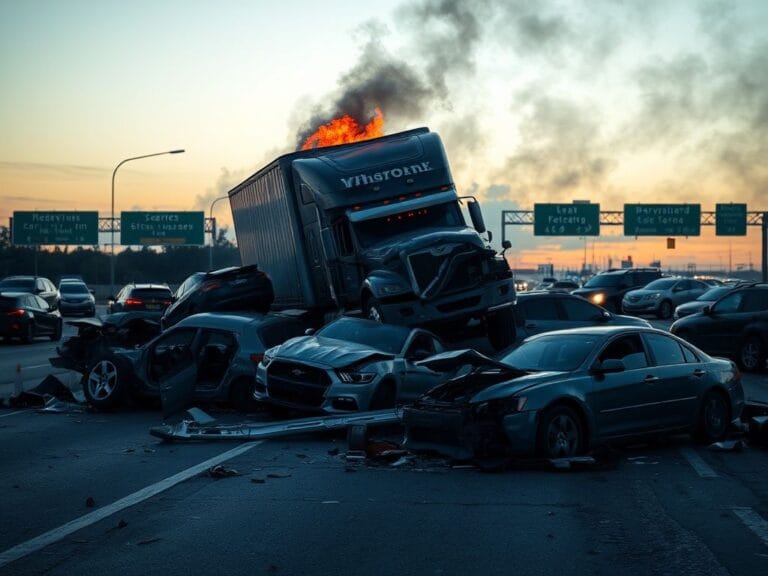 Flick International Somber freeway scene with crushed cars and a damaged tractor-trailer after a tragic crash